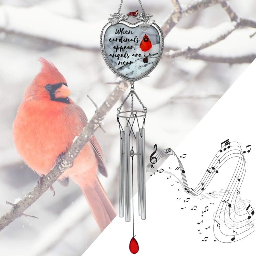 Grandma Memorial Wind Chimes - When Cardinals Appear Angels are Near - Silver Engraved Grandma Heart Charm - Windchimes for The Loss of a Grandmother - 18" L