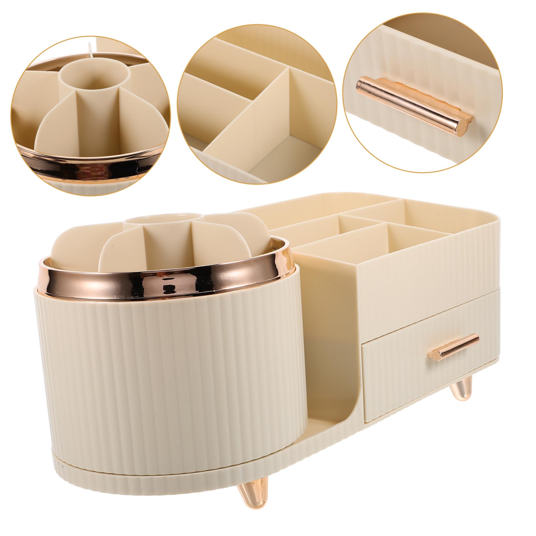 FRCOLOR Make Up Pinselhalter Beige mit Schublade und Fächern Drehbarer Schminkorganizer aus Kunststoff Große Kapazität für Schminktisch und Bad