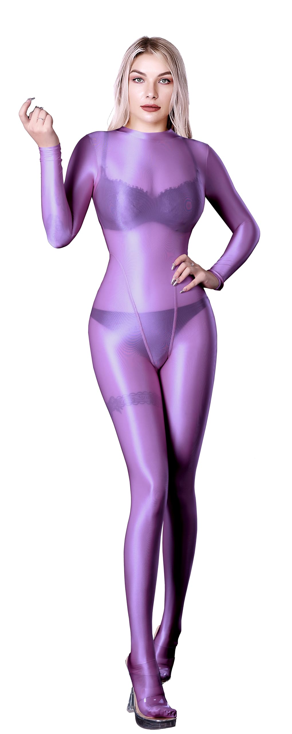 SOFSOT Ultra Sheer Full Bodysuit for Women Long Sleeves Shiny Jumpsuits One-Piece Glossy Catsuit Nylons Full Body Leotard Purple M