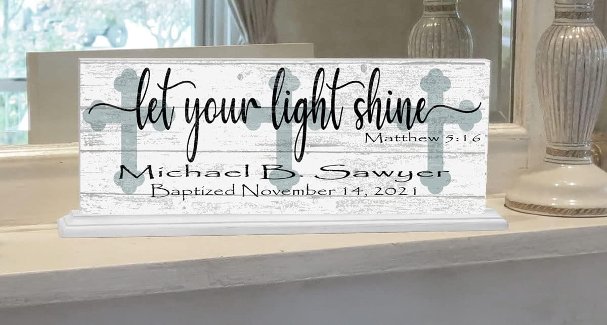 Baptism Gift For Boys or Girls Personalized Christening Plaque Keepsake Present Bible Verse With Child's Name and Baptism Date (Let Your Light Shine)