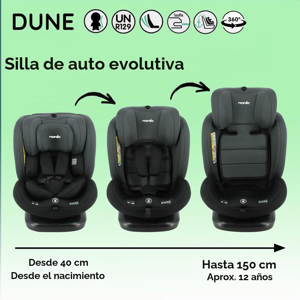 Nania Dune, Asiento de coche, i-Size, giratorio 360, escalable, nacimiento y hasta 12 años, grupo 0/1/2/3, 40-150 cm, asiento de coche ISOFIX, rotación 360, inclinable, reposacabezas ajustable
