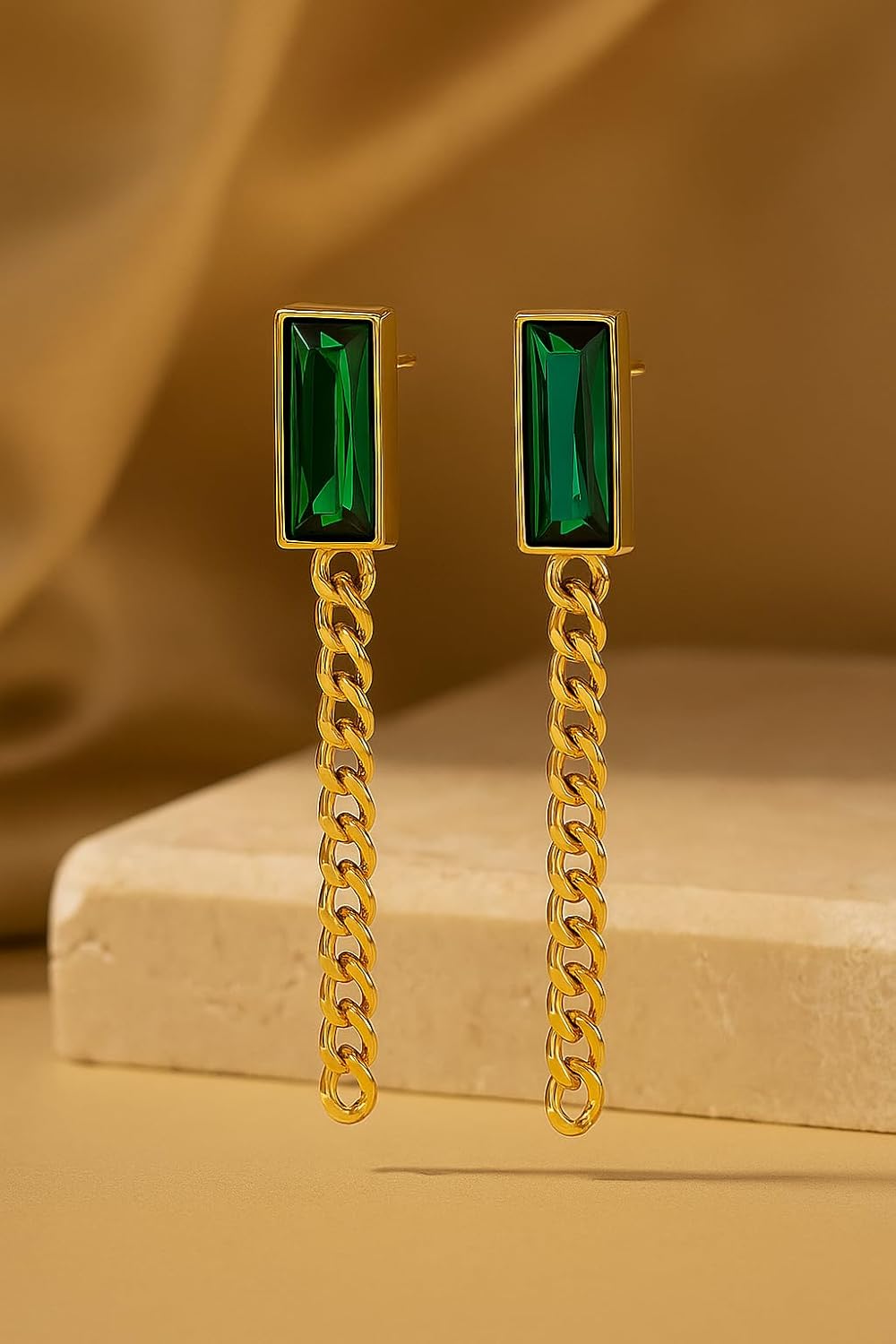 Drop Chain Earrings for Women – 18K Gold with Emerald Green Baguette Crystal Studs – Waterproof, Hypoallergenic Statement Jewelry Gift