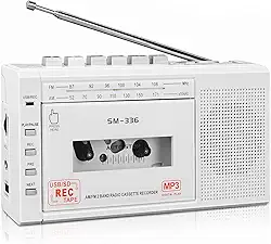 Gravador de cassete portátil, conversor digital de cassete para MP3 via USB ou cartão micro SD, alimentado por CA ou 4 pilhas AA, rádio AM FM, Walkman, alto-falante e microfone embutidos