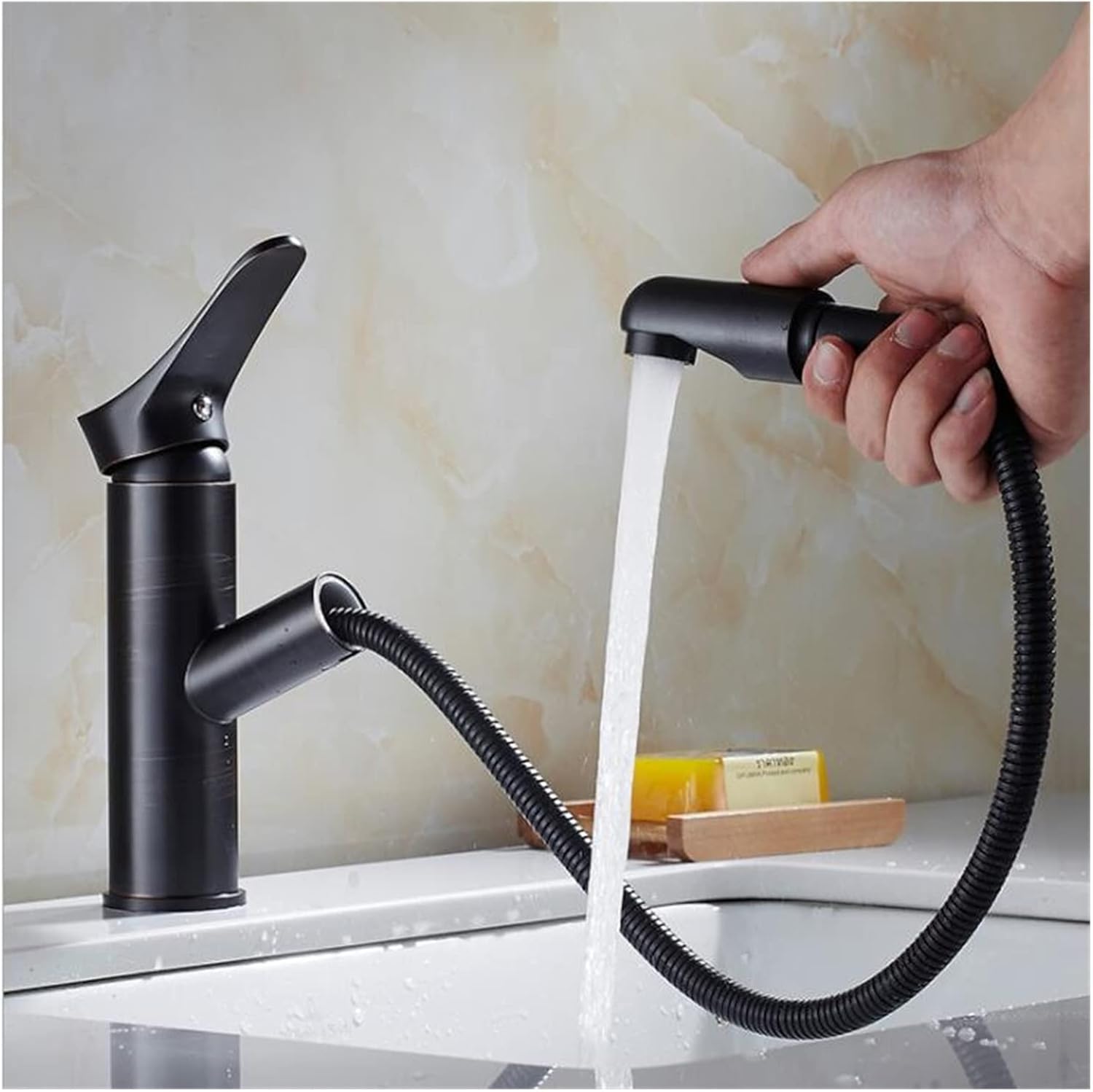 Pull Out Basin Faucet Black Brass Gold Bathroom Sink Single Handle Hole Deck Vintage Wash Hot Cold Mixer Tap Crane(Black)