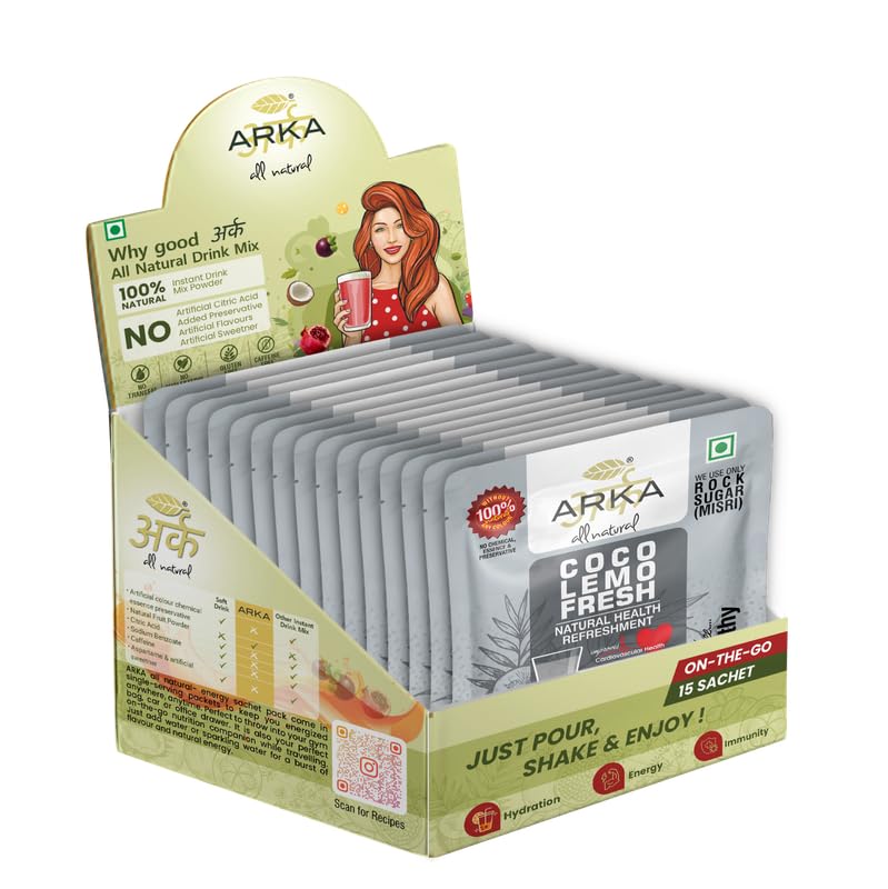 Arka All Natural Coco Lemo Fresh - Hydrating Coconut Lemon Drink Mix, Instant Electrolyte Powder, Vegan & Gluten-Free, 15 Sachets Box