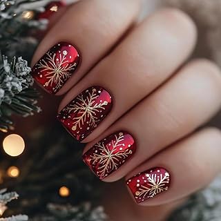 Christmas Red Press on Nails Short Square Fake Nails with Snowflake Designs Glitter Dark Red Christmas Nails Press on Pink Gel Acrylic Glue on Nails Holiday Stick on Nails for Women 24Pcs