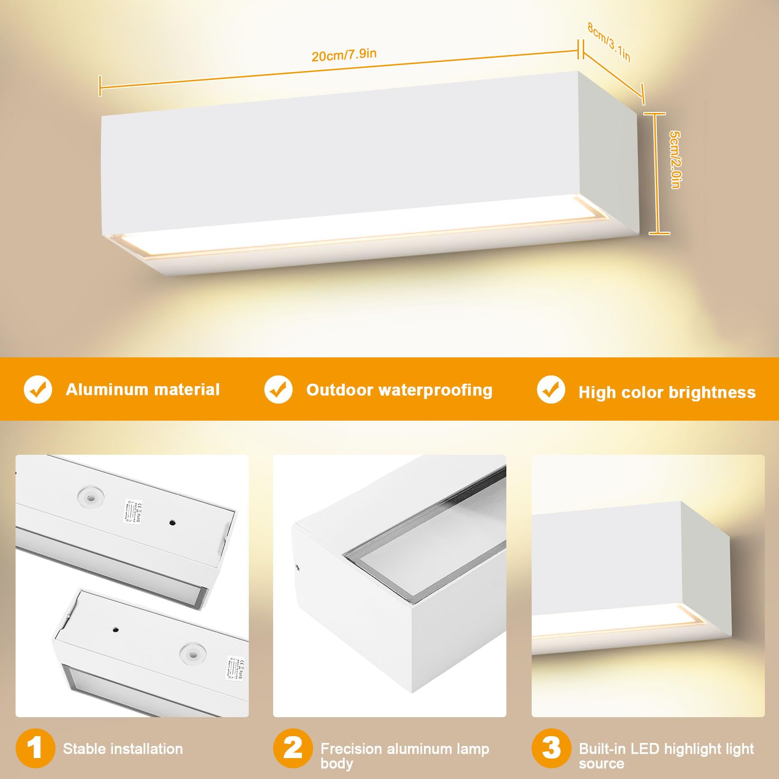 24W Applique da Parete Esterno/Interno 3000K Bianco Caldo Applique Esterno IP65 Impermeabile Bianco Lampade da Parete (20Cm)