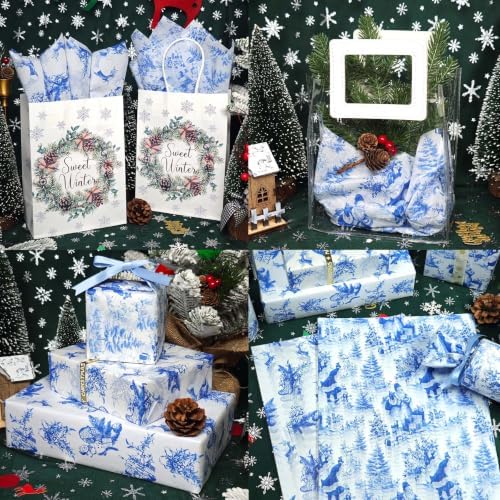 LIAPAWPAW Vintage Christmas Tissue Paper, Blue & White Toile Holiday Wrapping Tissue Paper for Gift Bags Boxes, Santa & Reindeer Print, Xmas Gift Packaging, Party Favors, DIY Crafts, 20x14in 60 Sheets — 사진 6