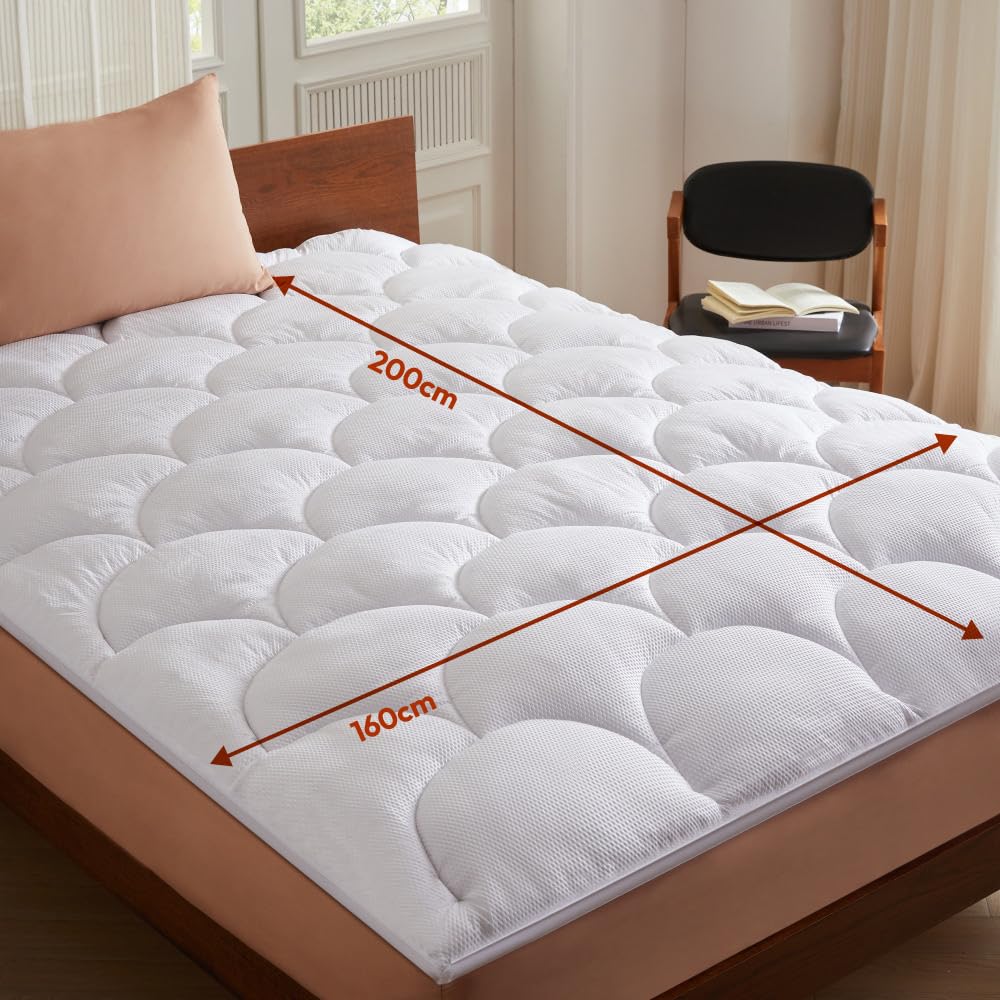 CASABEL Cubrecolchón 160 x 200 cm de Microfibra Refrescante, Relleno de Fibra Hueca 600 gsm, 4 cm de Grosor, Sujeción Elástica, Topper para Cama Doble 160x200