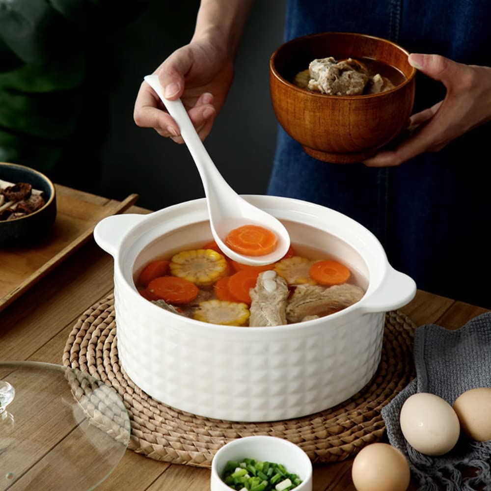 Soupière avec couvercle et louche, 2 L en céramique avec couvercle en verre, bols à soupe avec double poignée, en porcelaine, blanc, passe au micro-ondes et au lave-vaisselle