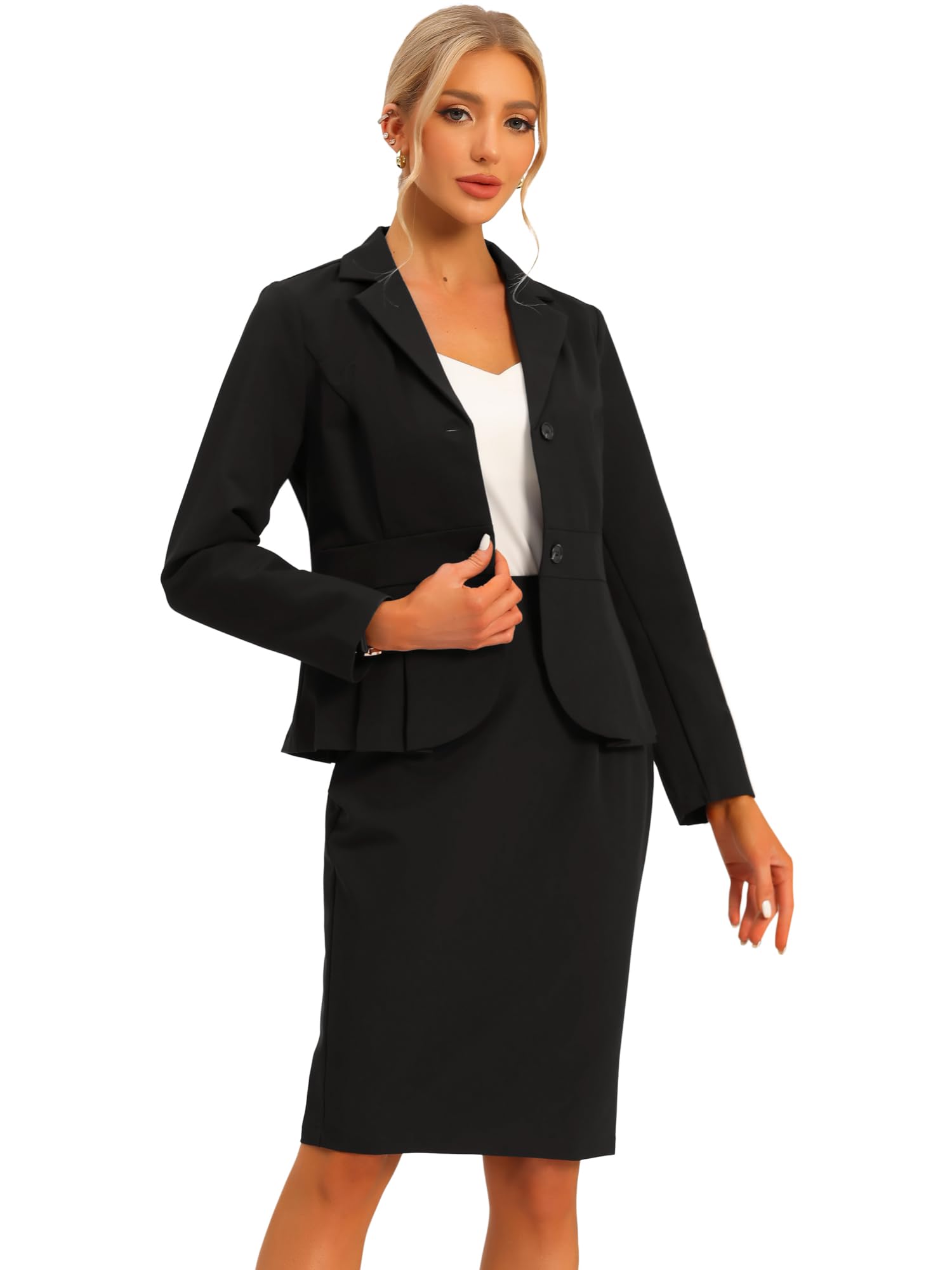 Allegra KBusiness Skirt Suit Sets for Women's 2 Piece Outfits Office Notched Lapel Peplum Blazer Pencil Skirts
