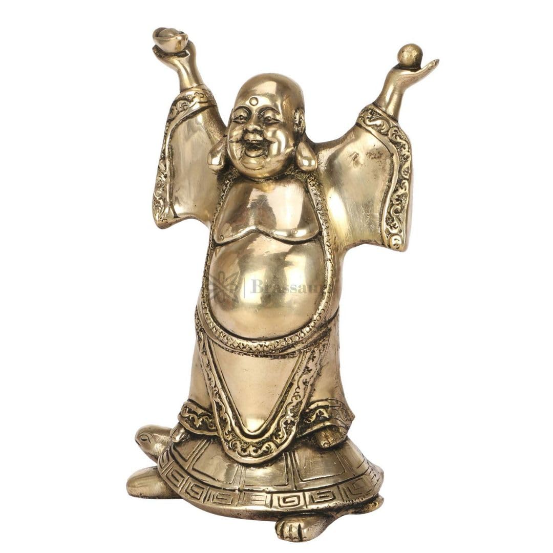 Brassaura™Feng Shui Laughing Buddha Standing on Tortoise Brass Statue Happy Man for Good Luck Wealth Prosperity at Home, Office and Business 9 Inches