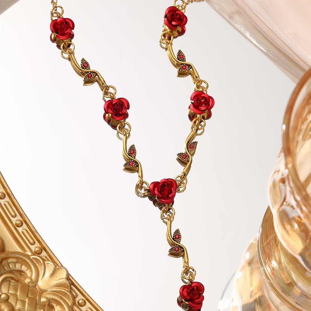 Rose Necklace Earrings Bracelet Set Red Flower Pendant Necklace Floral Rose Dangle Earrings Vintage Rose Bracelet for Women Rose Jewelry Gift - Image 3