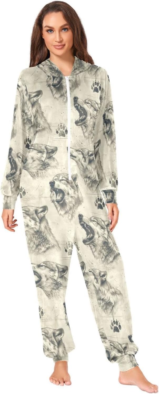 ZZKKO Wolves Howl Vintage Adult Onesie Pajamas for Women Men Cozy One Piece Pajamas Costume Zip-Up Hooded S-XL