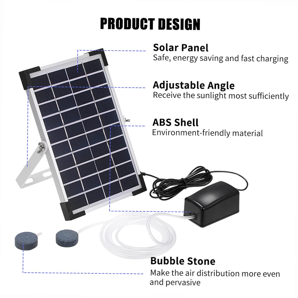Pompa Aria Solare per Acquari e Laghetti, Aeratore Solare con Energia Solare e Batteria, Pompa per Ossigeno con 2 Stone Aria e Tubo da 2,5 m