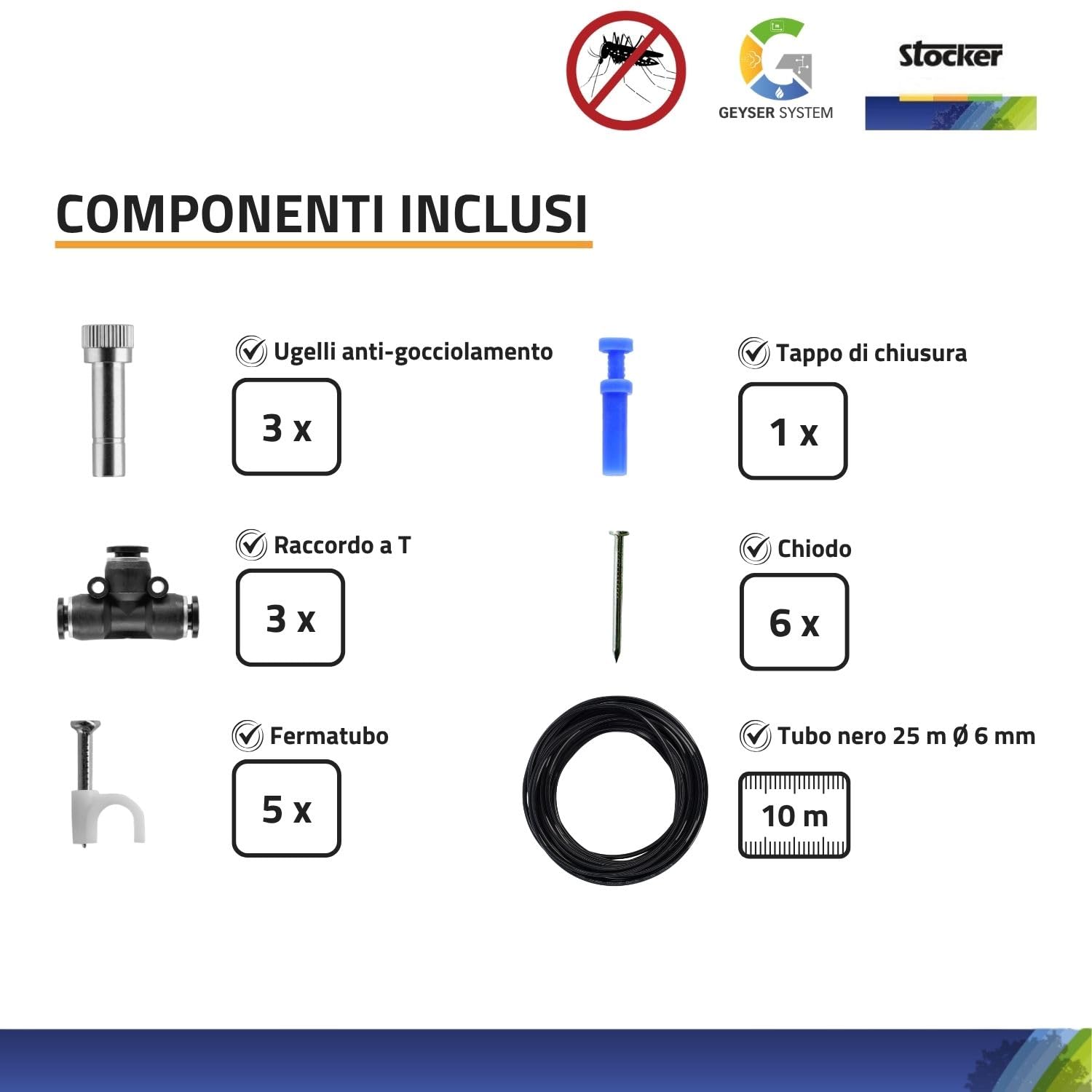 STOCKER - Geyser Nebulizzatore 2 L Li-Ion - Kit Completo Anti-Zanzare con Batteria Li-Ion 3,6 V, Serbatoio 2 L e 10 m di Tubo - Copertura Perimetrale fino a 10 mq