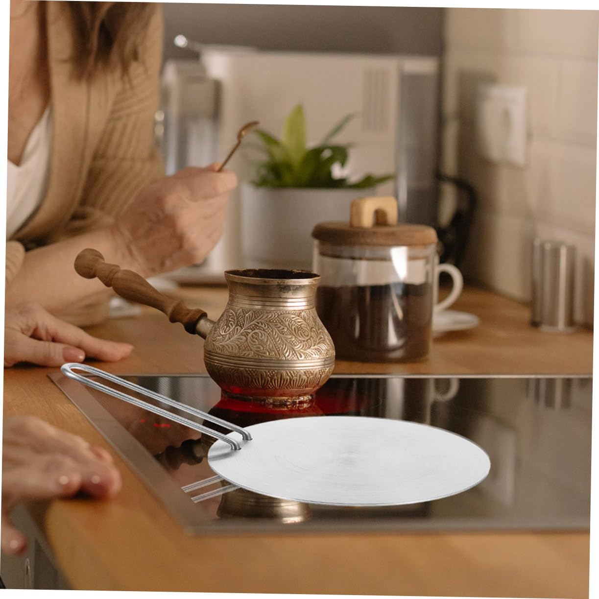 1 juego Placa de Inducción Inoxidable de Calor Profesional con Mango Extraíble Adaptador para Cocción de Inducción Accesorio de Cocina Práctico y Conveniente