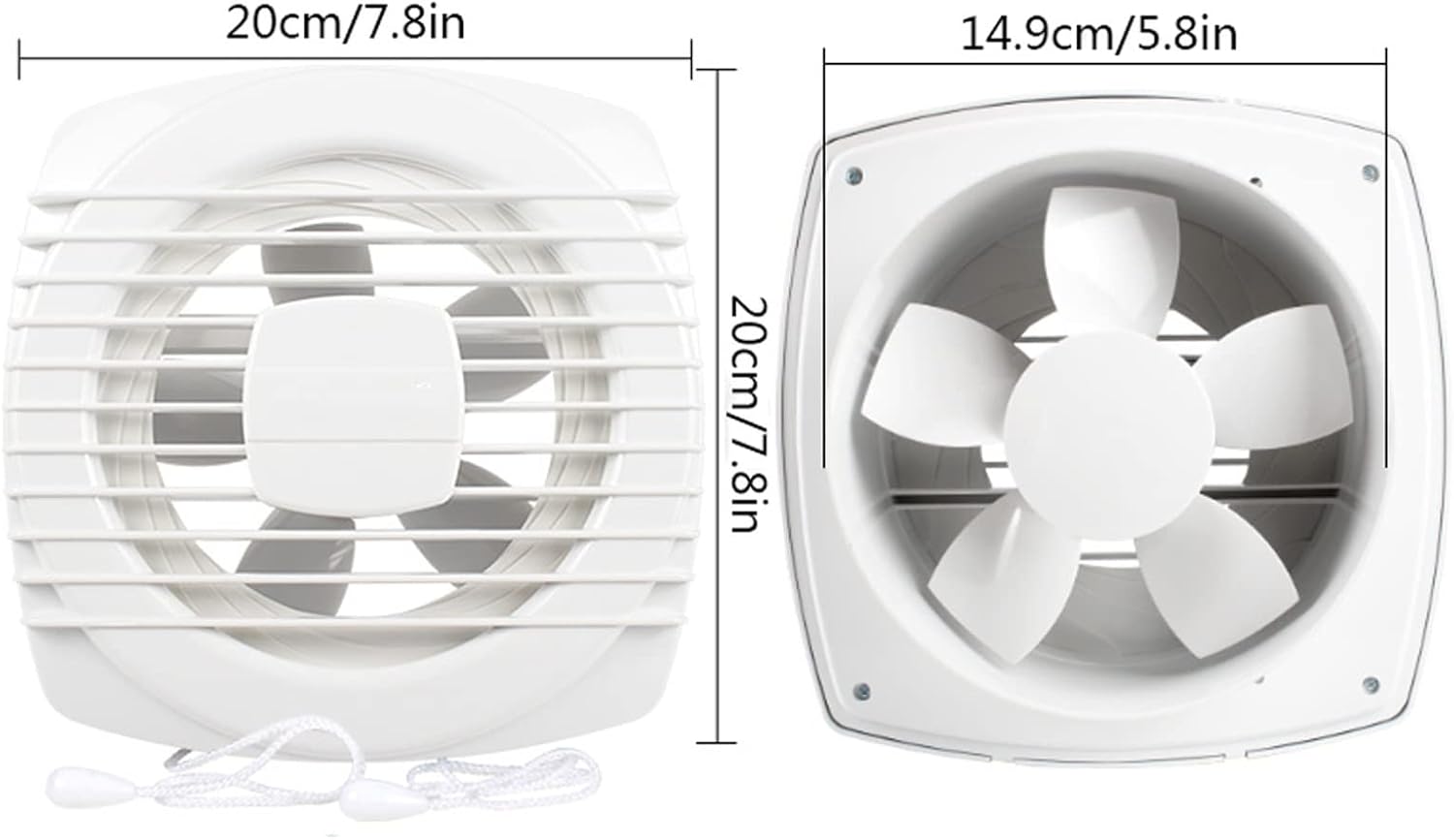 Exhaust Fan Home Drawstring Exhaust Fan 6" 8" Bathroom Window Type Double Drawstring Mute Blinds Exhaust Fan, White, 24W, 153CFM Ventilating Fan,8 inch(6 Inch)