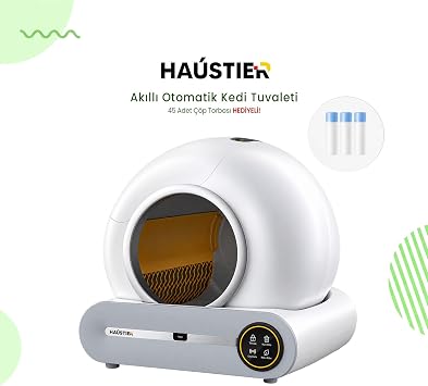 Haustier MSP01 Akıllı Otomatik Kedi Tuvaleti, Uzaktan Kontrol, 65lt Hazne, 9lt Çöp haznesi-İyonizer Kötü Koku Giderici, Ağırlık sensörlü Beyaz + 45 Adet Çöp Torbası, Beyaz
