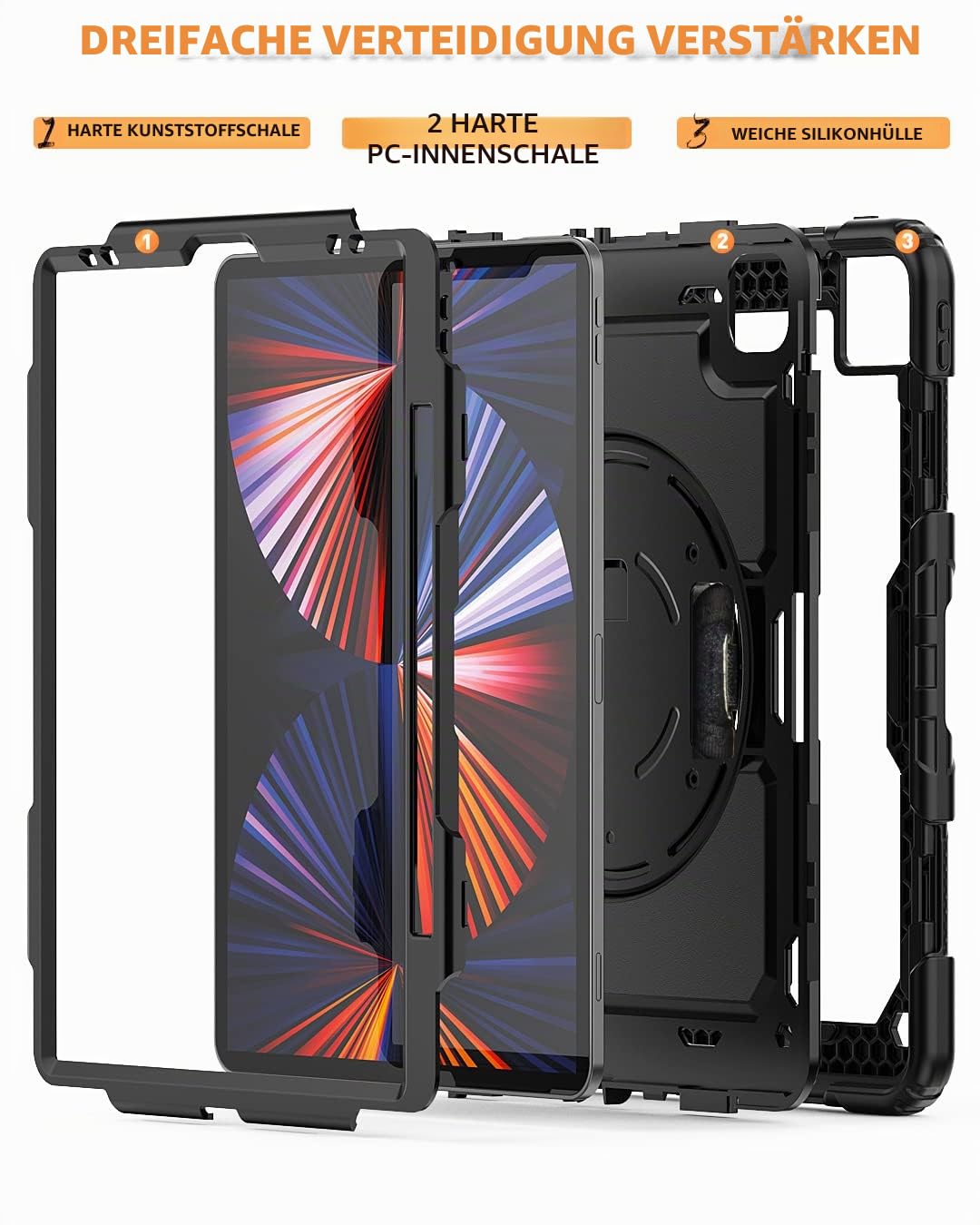 Timecity Hülle für iPad Pro 12.9 Zoll (6./5./4./3. Gen) (2022-2018) | mit Stoßfeste Displayschutz,360° Drehbarem Ständer,Handschlaufe,Schultergurt, Stifthalter,für iPad Pro 12.9 Hülle,Schwarz