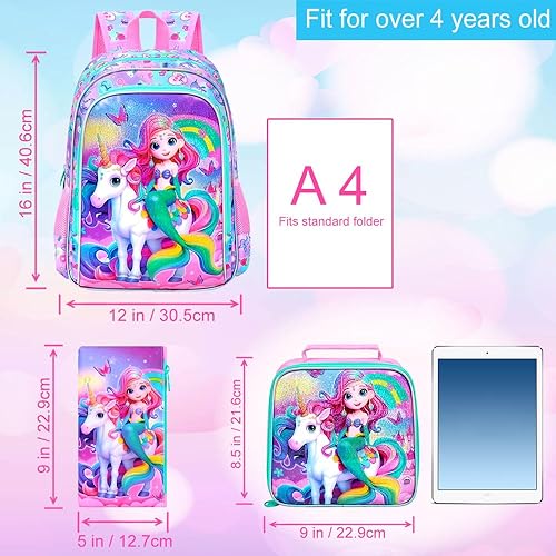 Miniatura 4 de gxtvo Mochila de flamenco de sirena de unicornio para niñas, bolsa de libros para niños con lonchera, bolsa de escuela primaria resistente al agua,