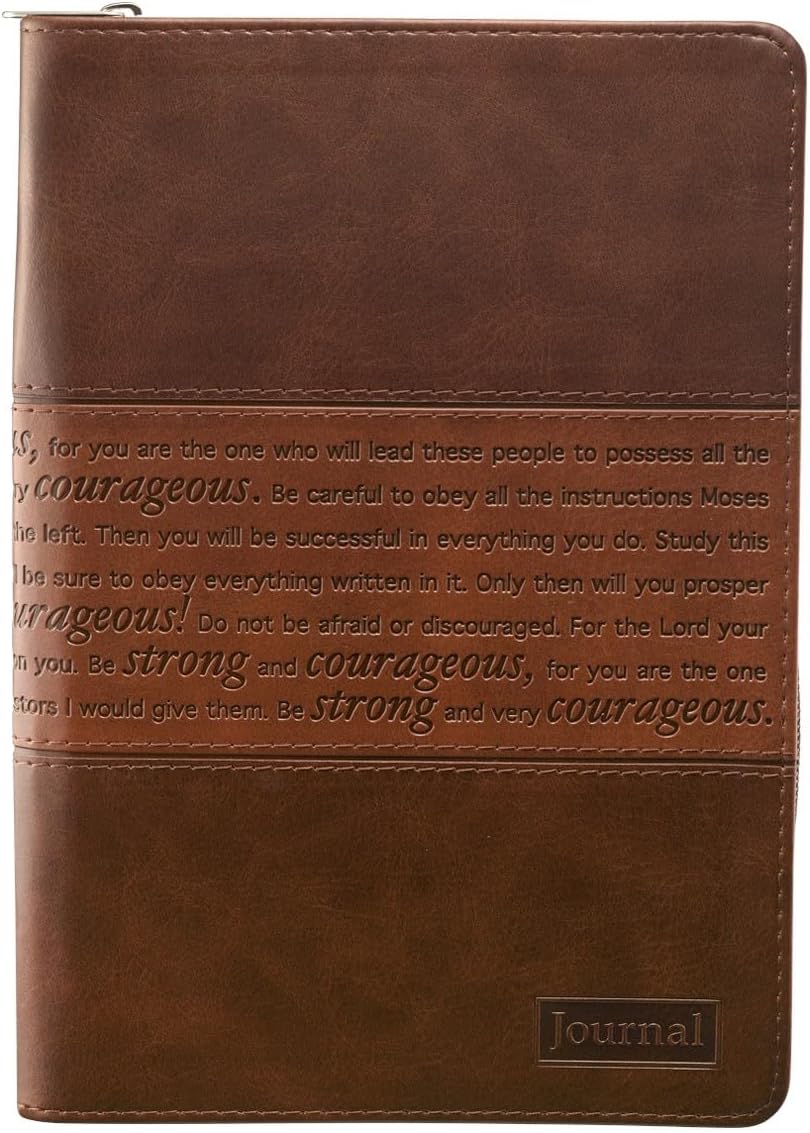 Classic Faux Leather Journal Strong and Courageous Joshua 1:57 Bible Verse, Brown Inspirational Notebook, Lined Pages w/Scripture, Ribbon Marker, Zipper Closure