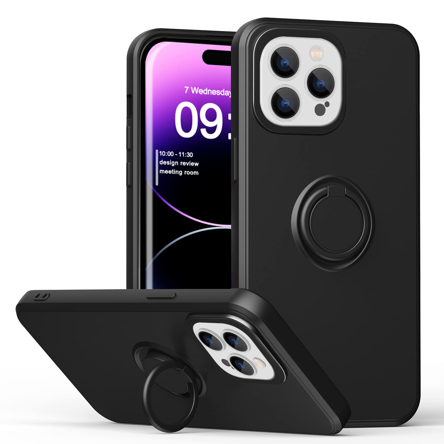 Designed for iPhone 14 Pro Case Silicone with Ring Holder Kickstand Shockproof Anti-Scratch Protective Cover Slim Thin Drop Protection Apple Phone Bumper for iPhone 14 Pro 6.1 inch Black