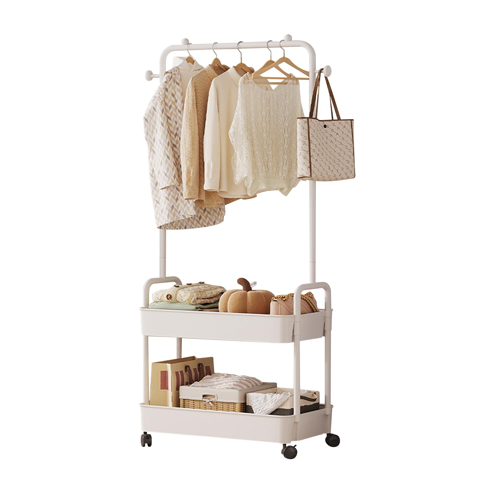 Ergocar Metal Clothing Rack With Multi -Layer Storage Baskets And Mobile Independent Hangers With Pulley Hanger Small Space Modern Clothing Rack, Used To Hang Jackets, Skirts, Pants, Handbags