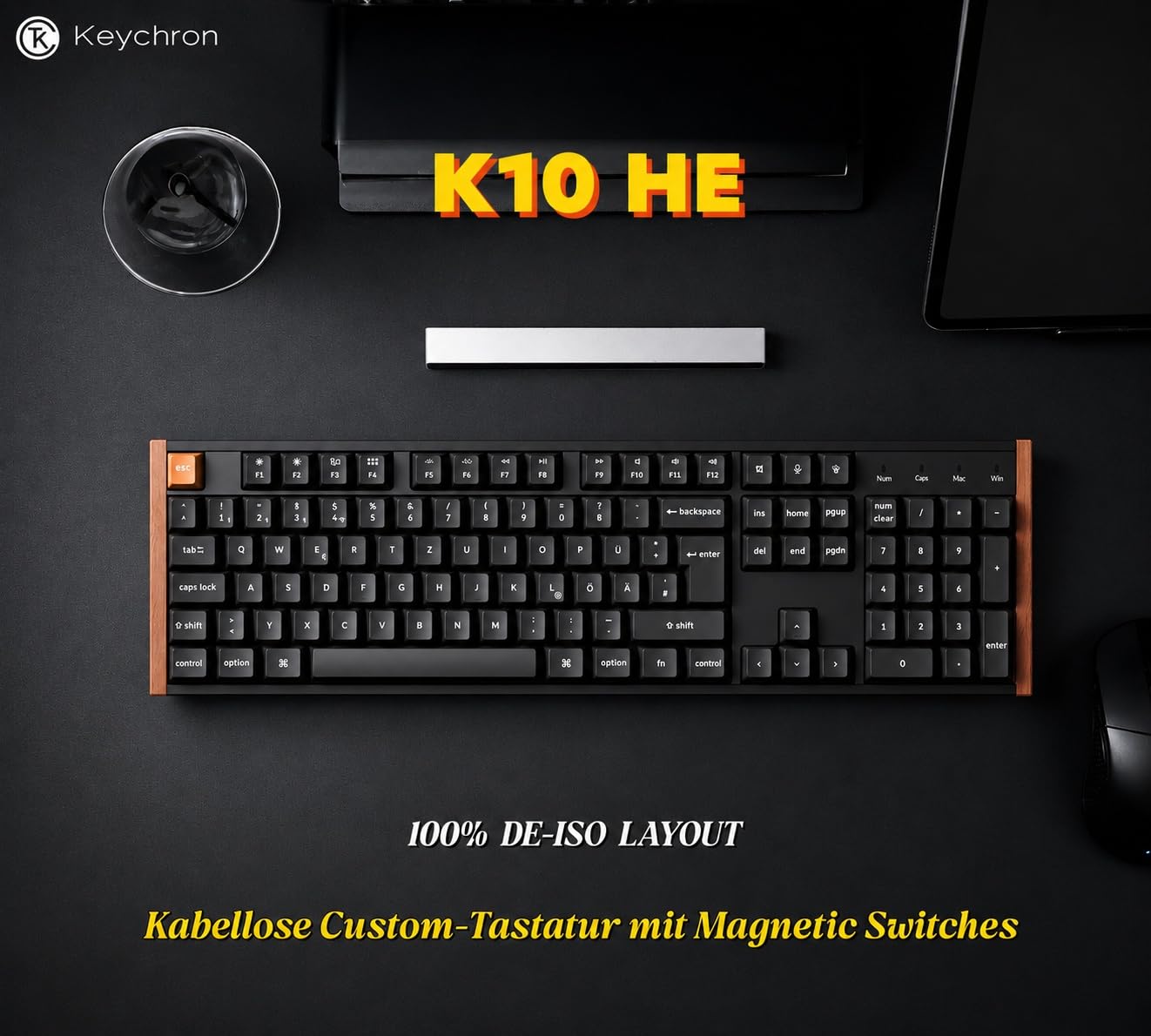 Keychron K10 HE Vollgröße DE-ISO Layout Wireless Mechanische Tastatur mit Magnet-Schaltern & Hot-Swap - Bluetooth/2.4GHz/USB-C, RGB-Beleuchtung QMK-Programmierung für Mac/Win, Holzdesign (Schwarz)