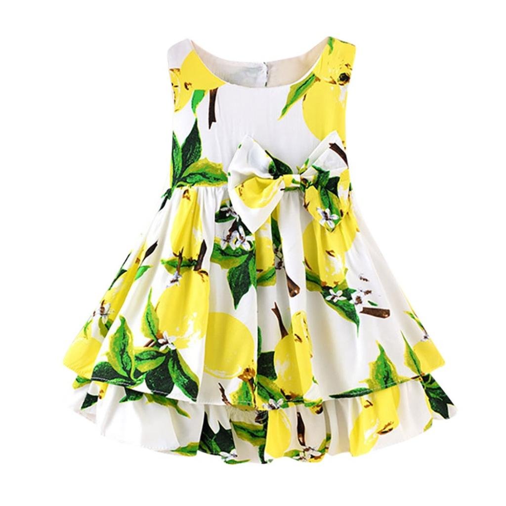 Children Girls Lemon Cartoon Print Bowknot Casual Princess Dress,Sleeveless Party Dresses Clothes Suitable for 0-4Years Old Baby