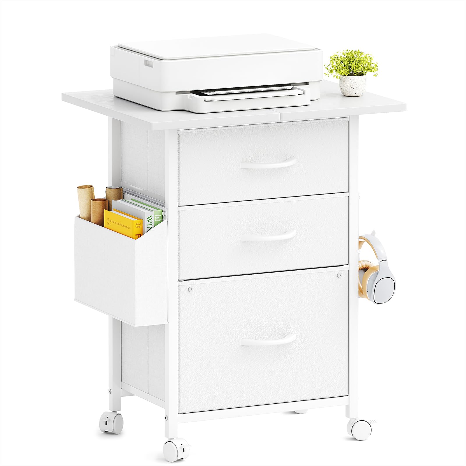 CAIYUN Filing Cabinet with 3 Fabric Drawers, Mobile File Cabinet on Wheels & Adjustable Feet, Rolling Under Desk Cabinet, Printer Stand for Home Office, White