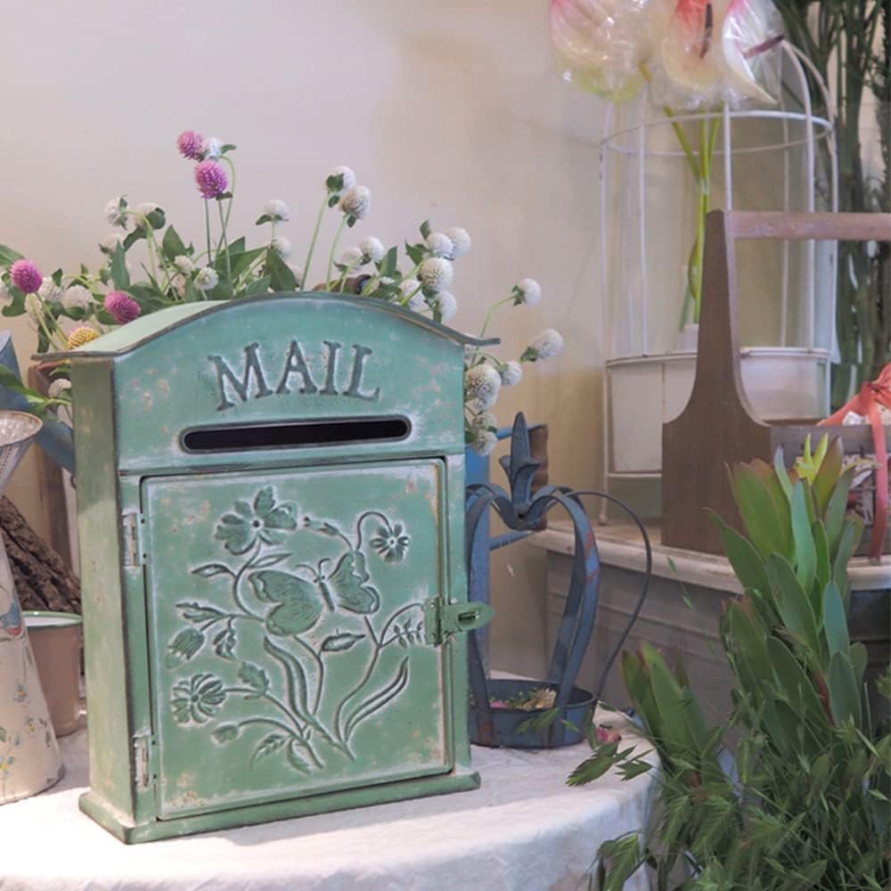 TentHome Boîte aux Lettres Murale et Verrouillable en Fer Forgé avec Rabat pour Maison de Campagne (Vert)