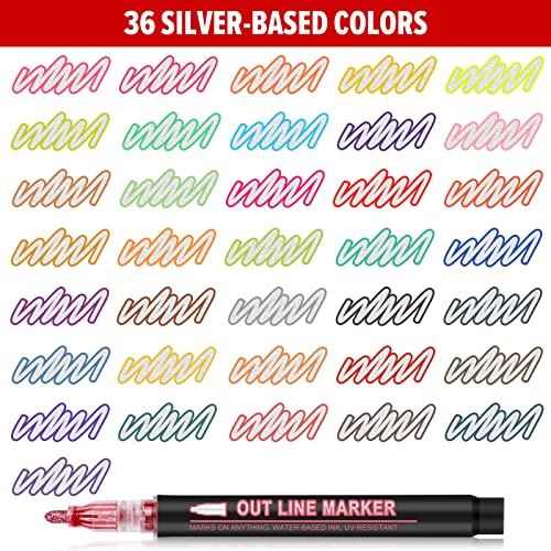 Banral BANRAL-36 COLORS OUTLINE MARKERS 36 Colors Glitter Markers, Double Line Outline Markers, Super Squiggles Shimmer Outline Marker Set, Self Outline Metallic Doodle Drawing Pens thumb #1