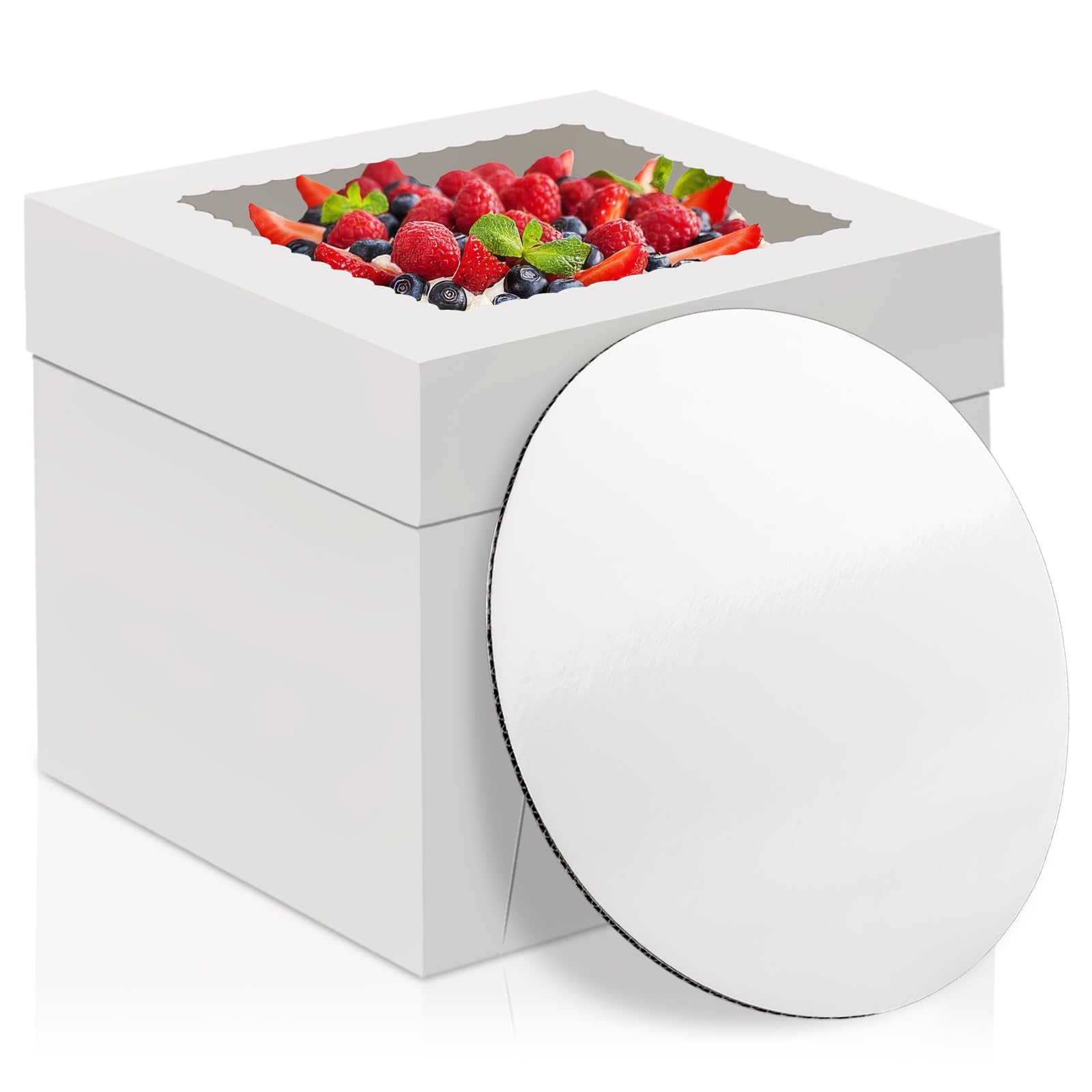 WINKIO 10 Inch Cake Box with Cake Boards, 2 Pack Disposable Cake Carrier, Cakes Transport Container, White Bakery Holder with Window, for Cookies Pies