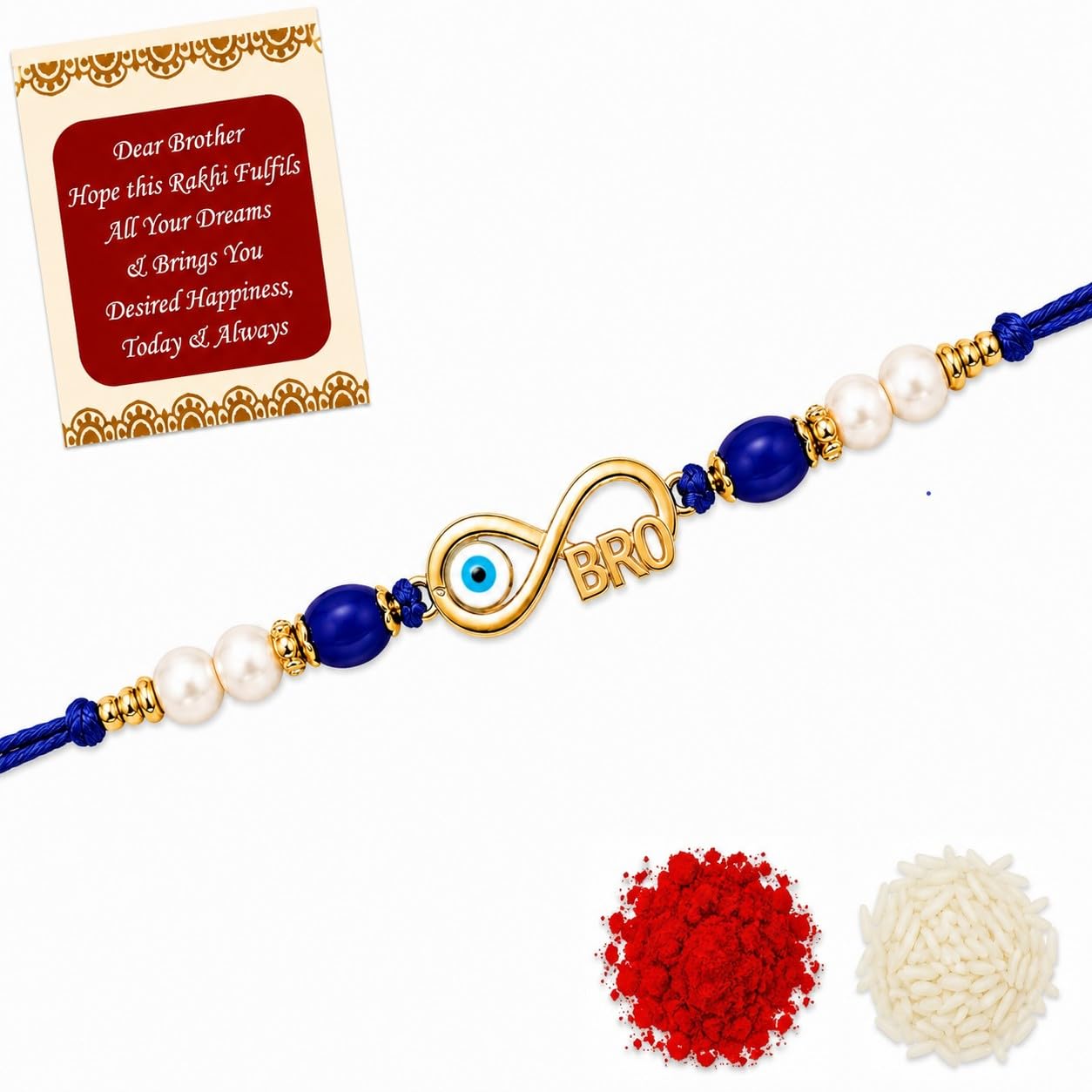 Golden Plated Evil Eye Infinity BRO Rakhi with Pearl Beads for Brother with Greeting Card, Roli & Chawal | Designer Band Bracelet for Bhai, Bhaiya | Raksha Bandhan Gift Set-image-48