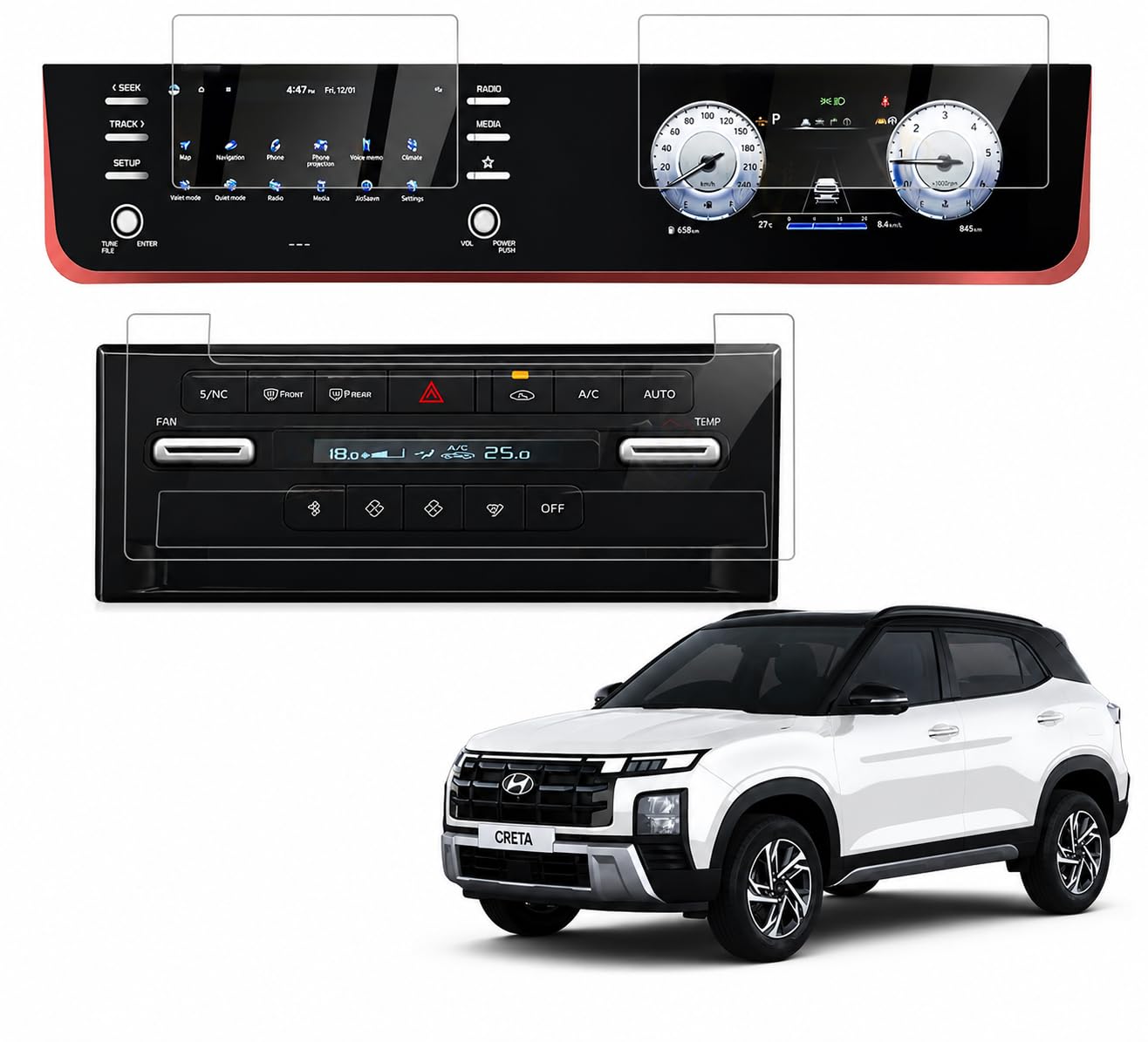 Screen Protector for Hyundai Creta 2024 FACELIFT / 8 Inch INFOTAINMENT + 10.25 INSTRUMENT CLUSTER + AC Panel Protector/S SO Optional/Car Display Accessories [Not Tempered Glass]-image-23