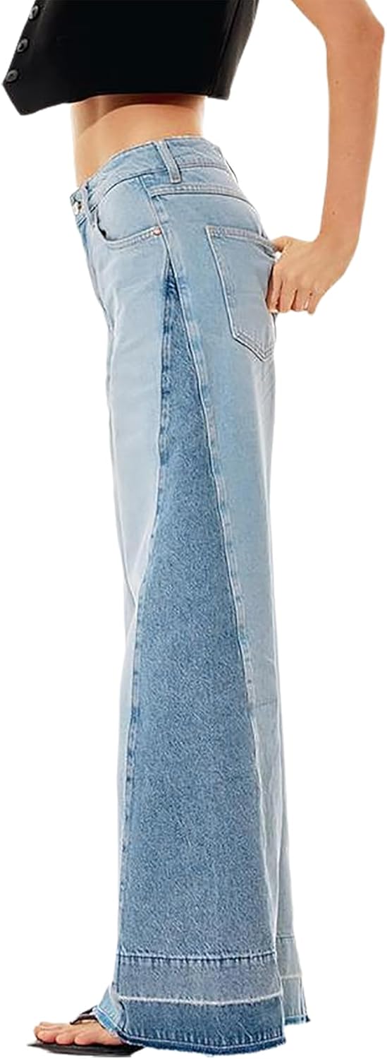 [YADMISU] レディース ヴィンテージ バギー ストレートレッグ ジーンズ カラーブロック パッチワーク ハイウエスト ワイド