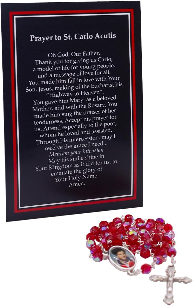 VILLAGE GIFT IMPORTERS Saint Carlo Acutis Rosary and Prayer Card Set |19" Catholic Rosary with Red Glass Beads | Patron Saint of Youth and the Internet - Image 3