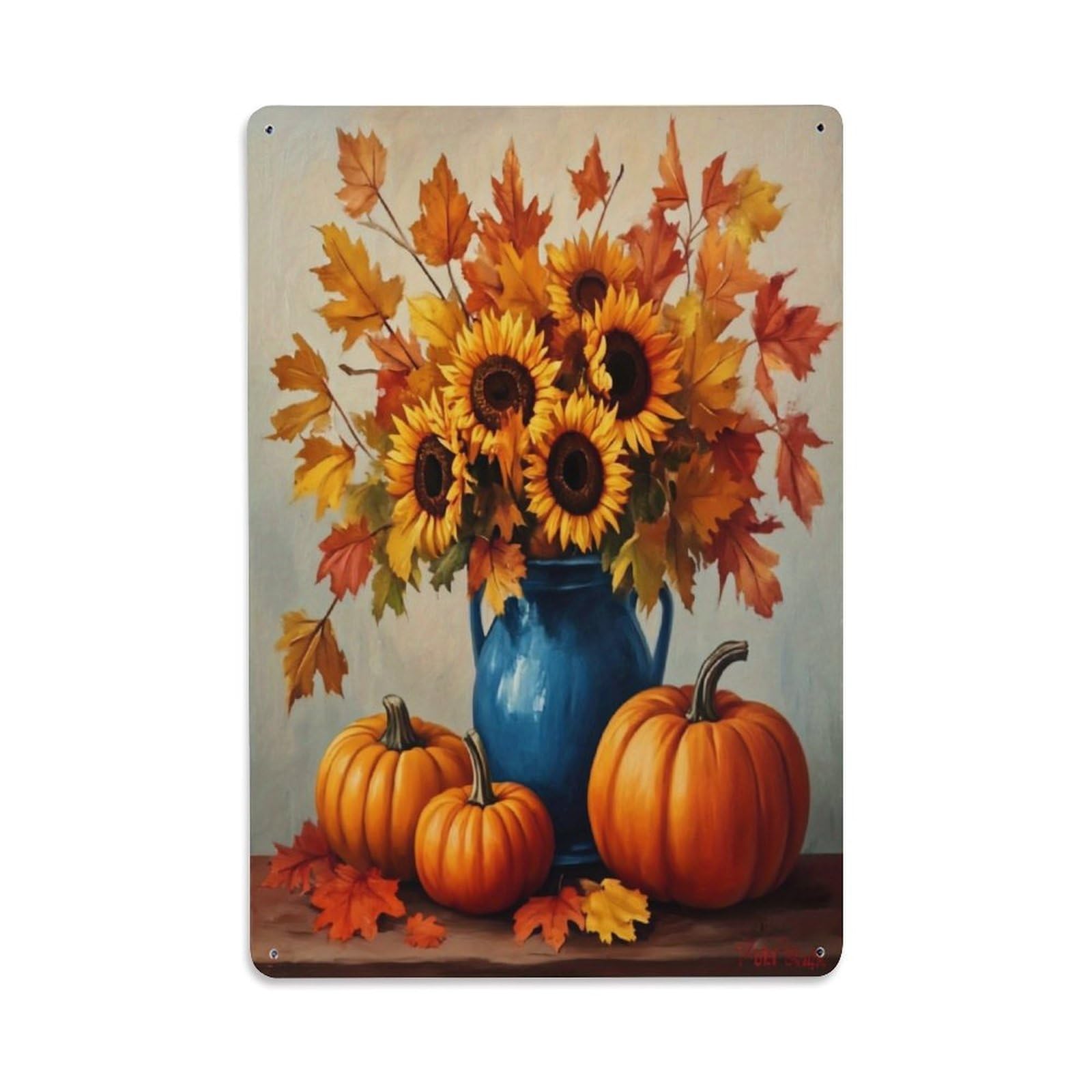Jdyaojiesheng Vintage Sunflower Autumn Leaves Pumpkin Vase Tin Sign Retro Metal Wall Decor Metal Poster, Home Bar Garage Farmhouse Cafe Wall Art Decoration 8X12inches