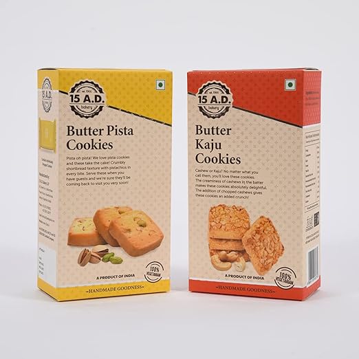 15 A.D. Bakery LLP Handmade Traditional Pure Vegetarian I Combo 002 | Cookies Biscuits I PACK OF 2X200 = 400 GM I BUTTER PISTA I BUTTER KAJU I GIFT PACK