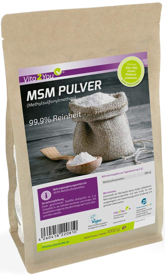 Vita2You Poudre MSM 1000 g - (méthylsulfonylméthane) 99,9 % de pureté - Facteur de maille 40-80 - 1 kg de soufre organique - Qualité supérieure