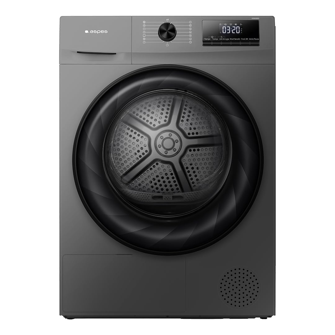 Aspes Secadora Bomba Calor 8Kg, Carga Frontal, Inox, ASB800DDX. 650W, 15 Programas, Función Antiarrugas, Tambor Waterdrop, Control Display LED, Eficiencia Energética Clase D