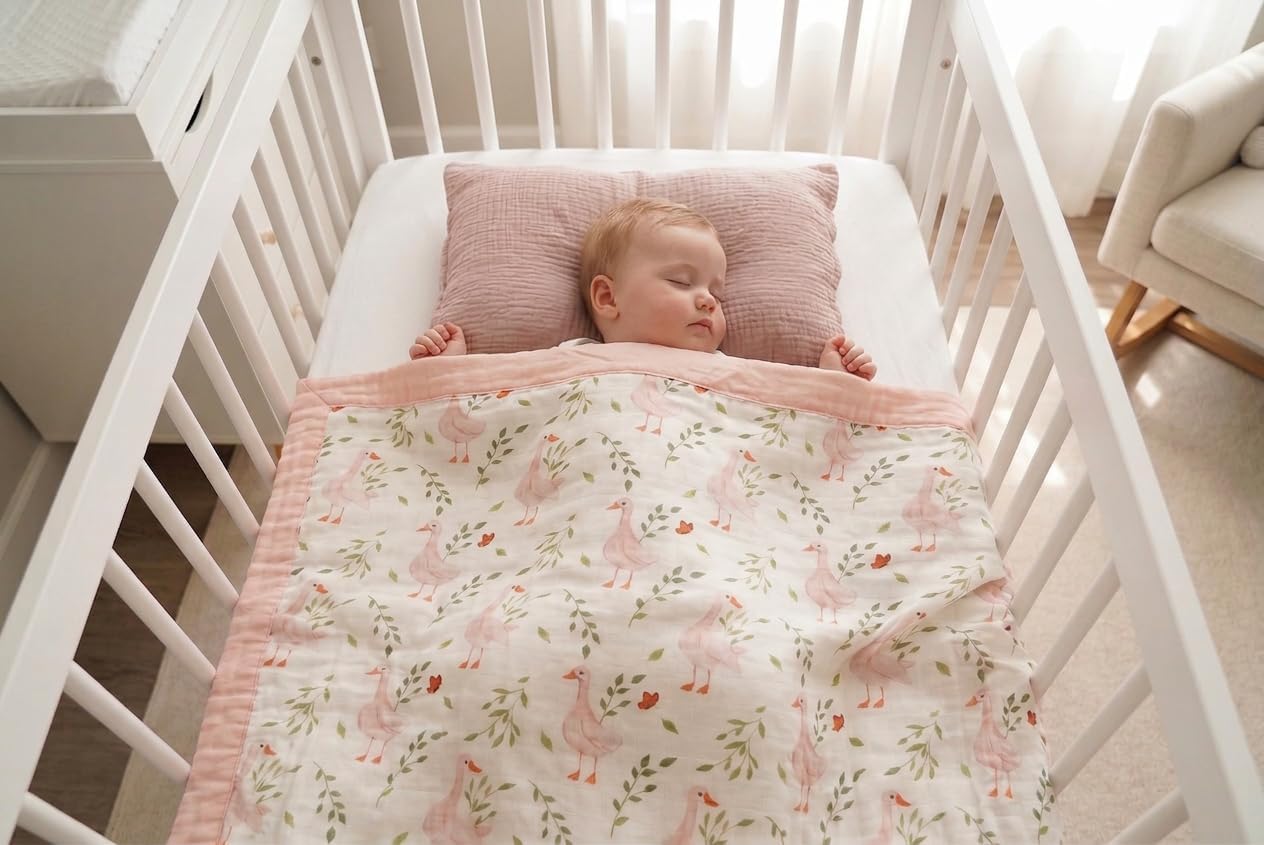 2-Layer Muslin Baby Blanket Cotton Muslin Quilt – 47 x 47” Toddler Crib Blanket for Daycare Boy, Girl or Gender Neutral (Goose)