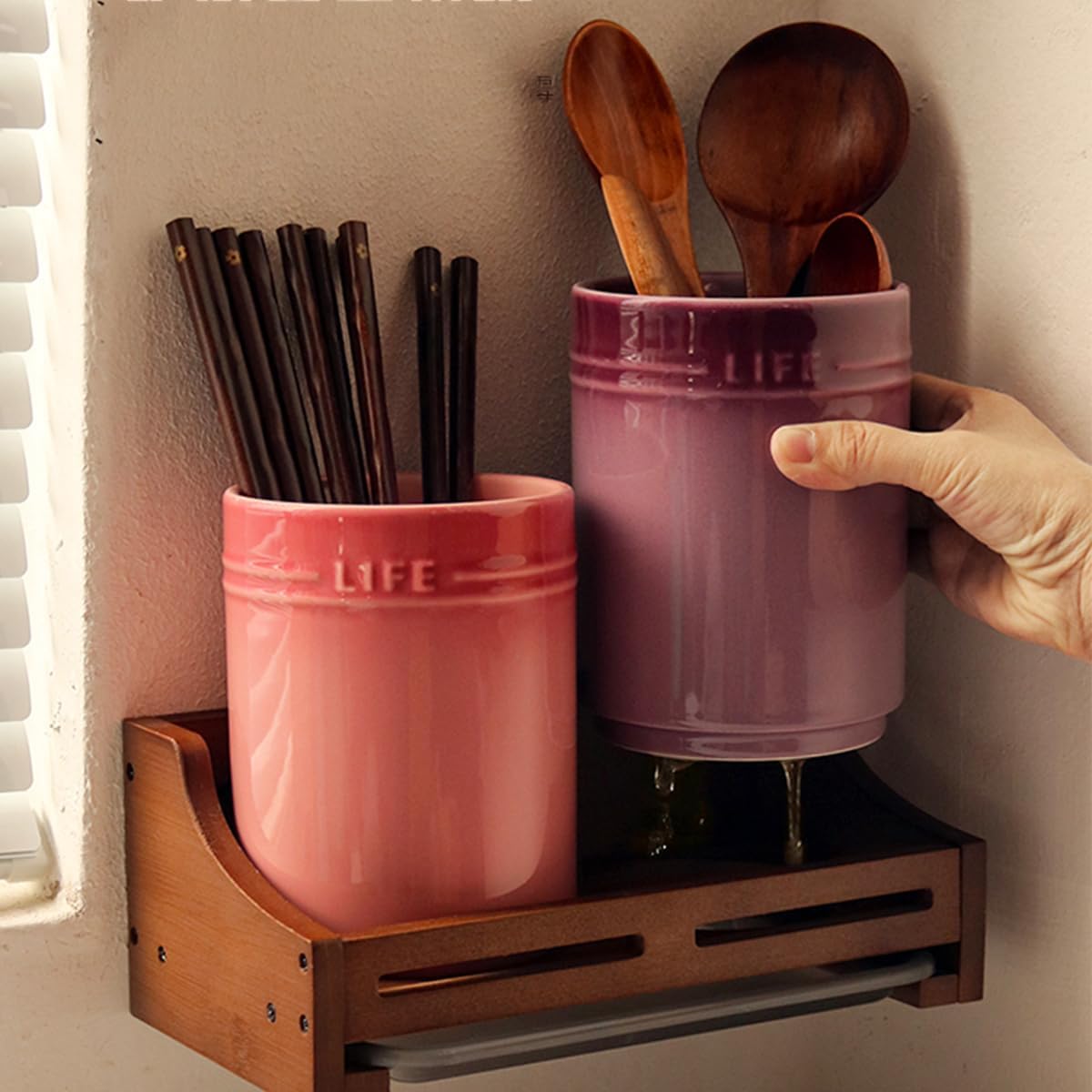 Ceramic Utensil Holder Wall-Mounted Ceramic Colorful Chopstick Holder for Kitchen Counter, Large Utensil Crock Kitchen Decor, Housewarming Gift,Orange