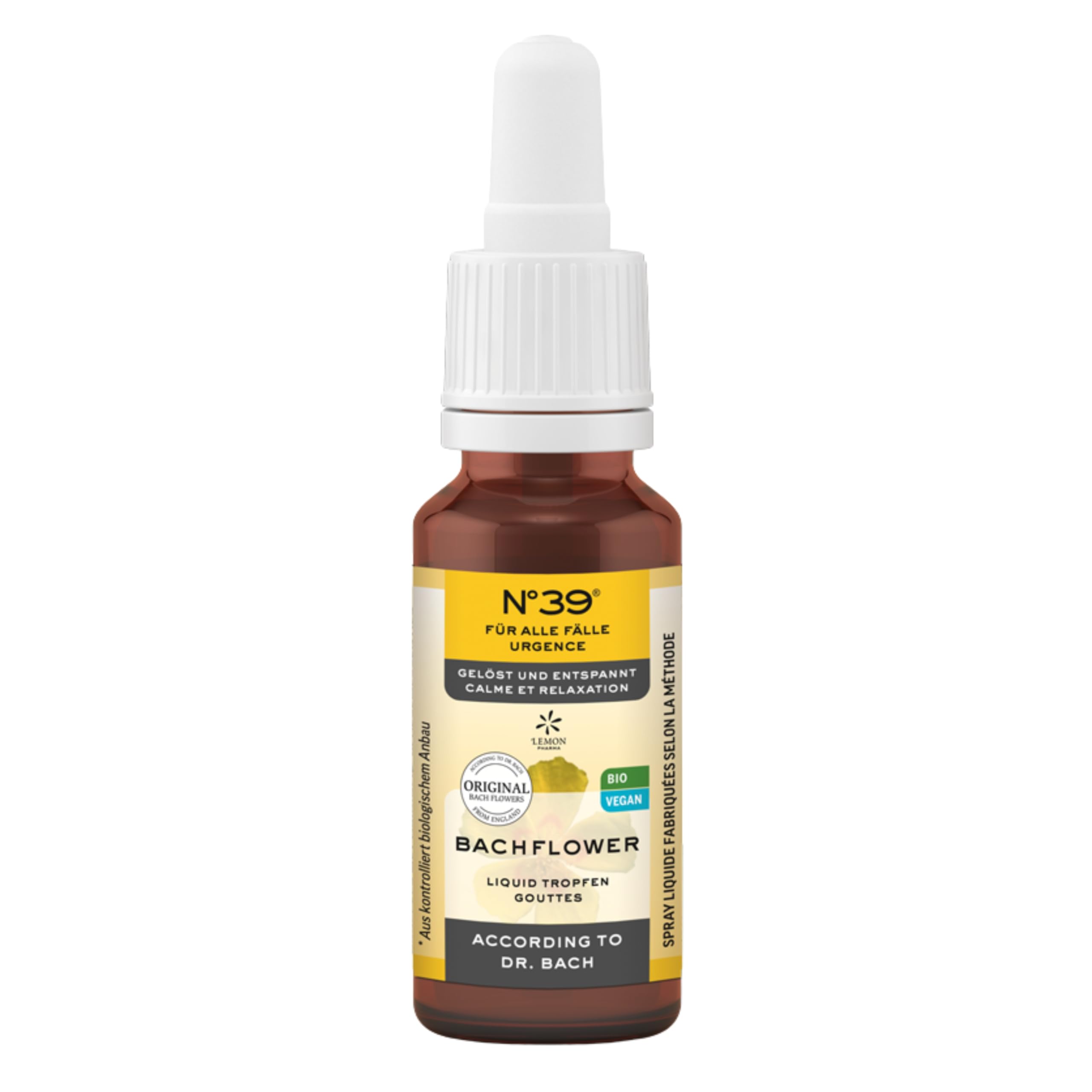 Lemon Pharma Bachblüten Notfall Tropfen N°39 Bio | 20 Ml | Bei Stress, Prüfungen & Reisen | Vegane Originalmischung