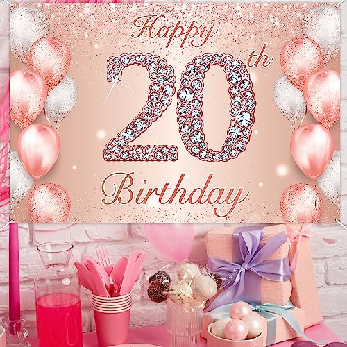 Image of Happy 20th Birthday Rose Gold Banner Cheers to 20 Years Old Backdrop Confetti Balloons Theme Decor for Girls Women 20 Years Old Pink Birthday Party Decorations Bday Supplies Background Gift Glitter