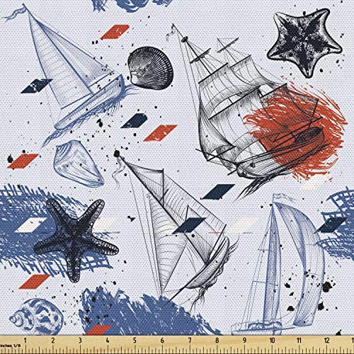 Lunarable Nautical Fabric by The Yard, Marine Life Yacht Sail Boat Starfish Shell Fish Aquatic Graphic Design, Decorative Fabric for Upholstery and Home Accents, 3 Yards, Blue Red