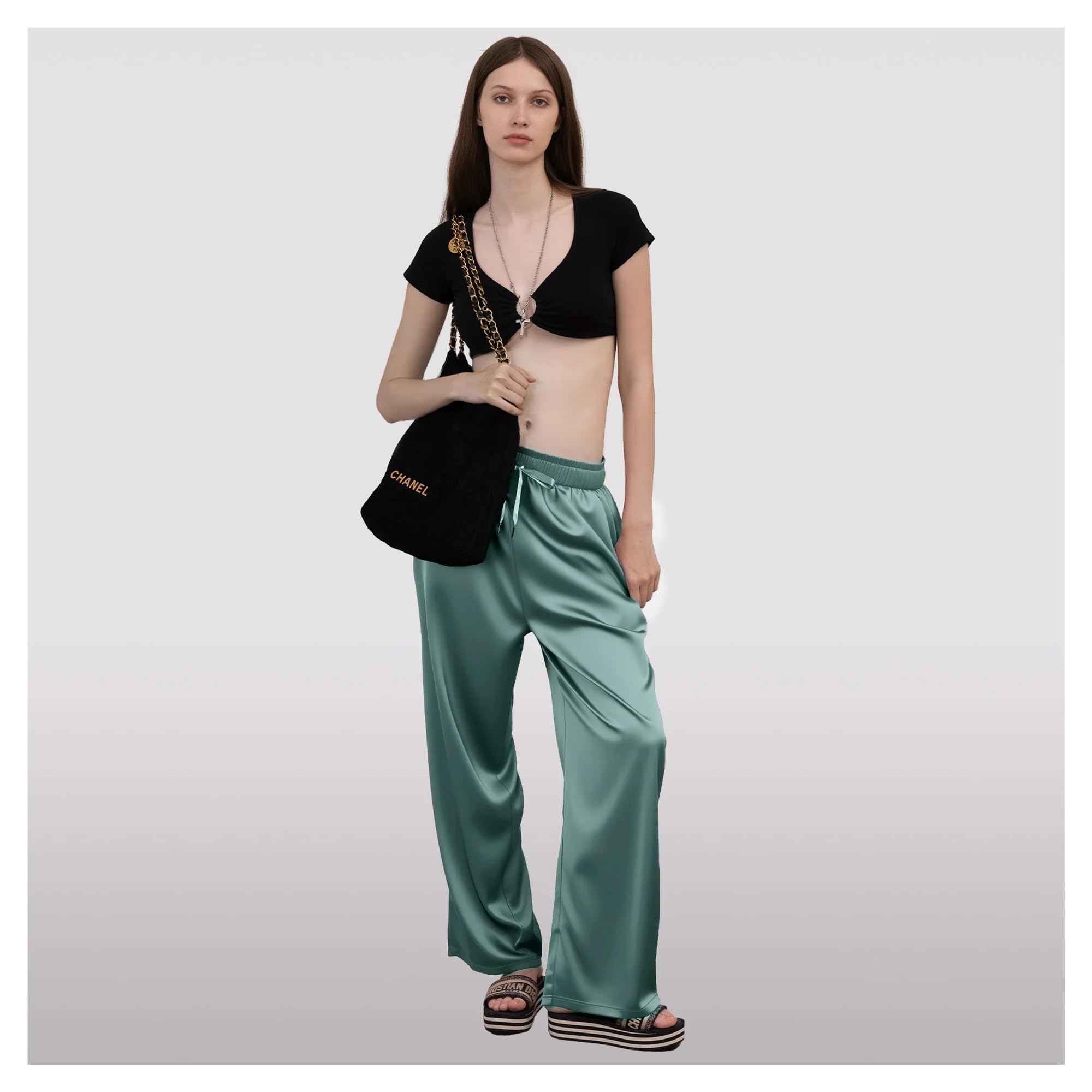 Pantalones de Verano Pantalones Anchos de Seda for Mujer, Rectos, Ligeros, de satén, con Bolsillos, for Uso Diario e Informal. para Mujer(Black,XL)