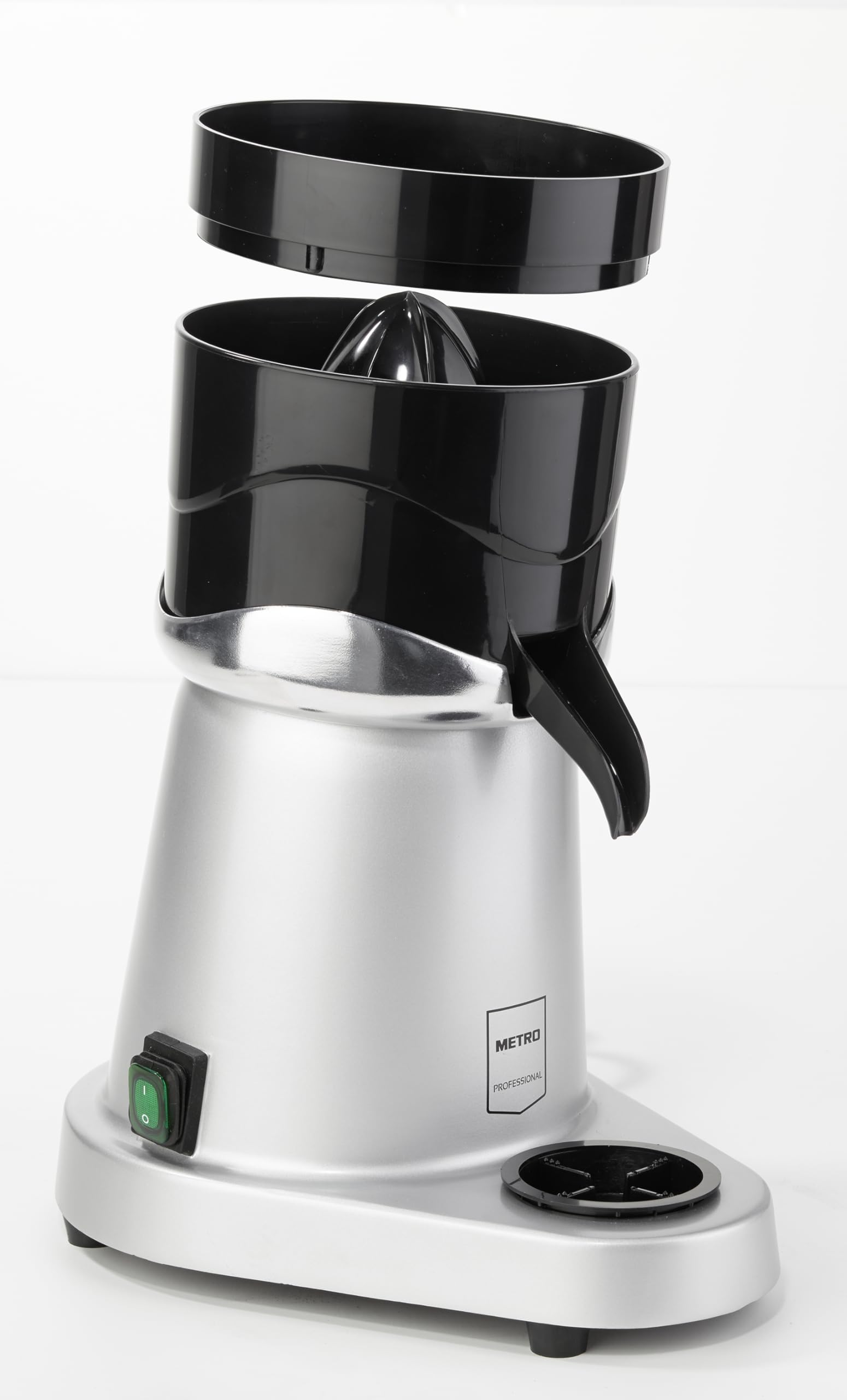 METRO Professional Spremiagrumi elettrico GJU1101, alluminio/plastica, 180 W, vassoio raccogli-gocce rimovibile, 200ml/min, argento/nero