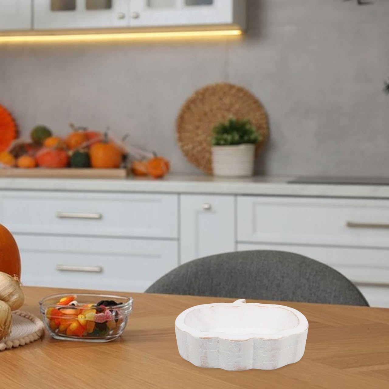 ULTECHNOVO 7.7 Inch Wooden Pumpkin Serving Bowl White Wood Candy Dish